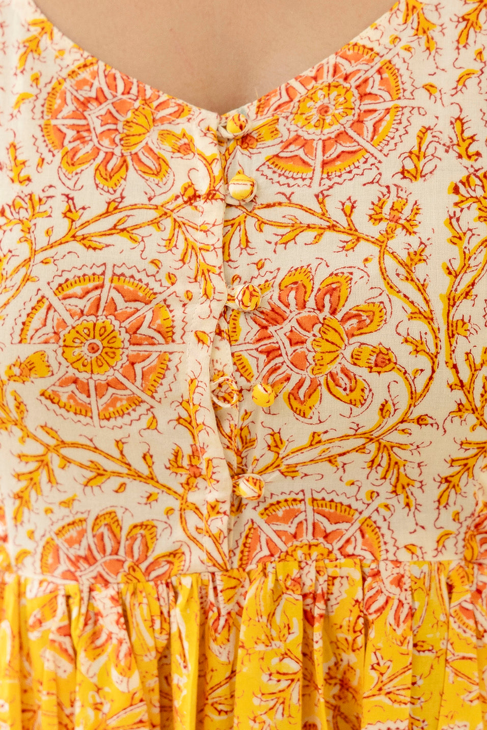 Block Printed Cotton Sun Dress in Yellow