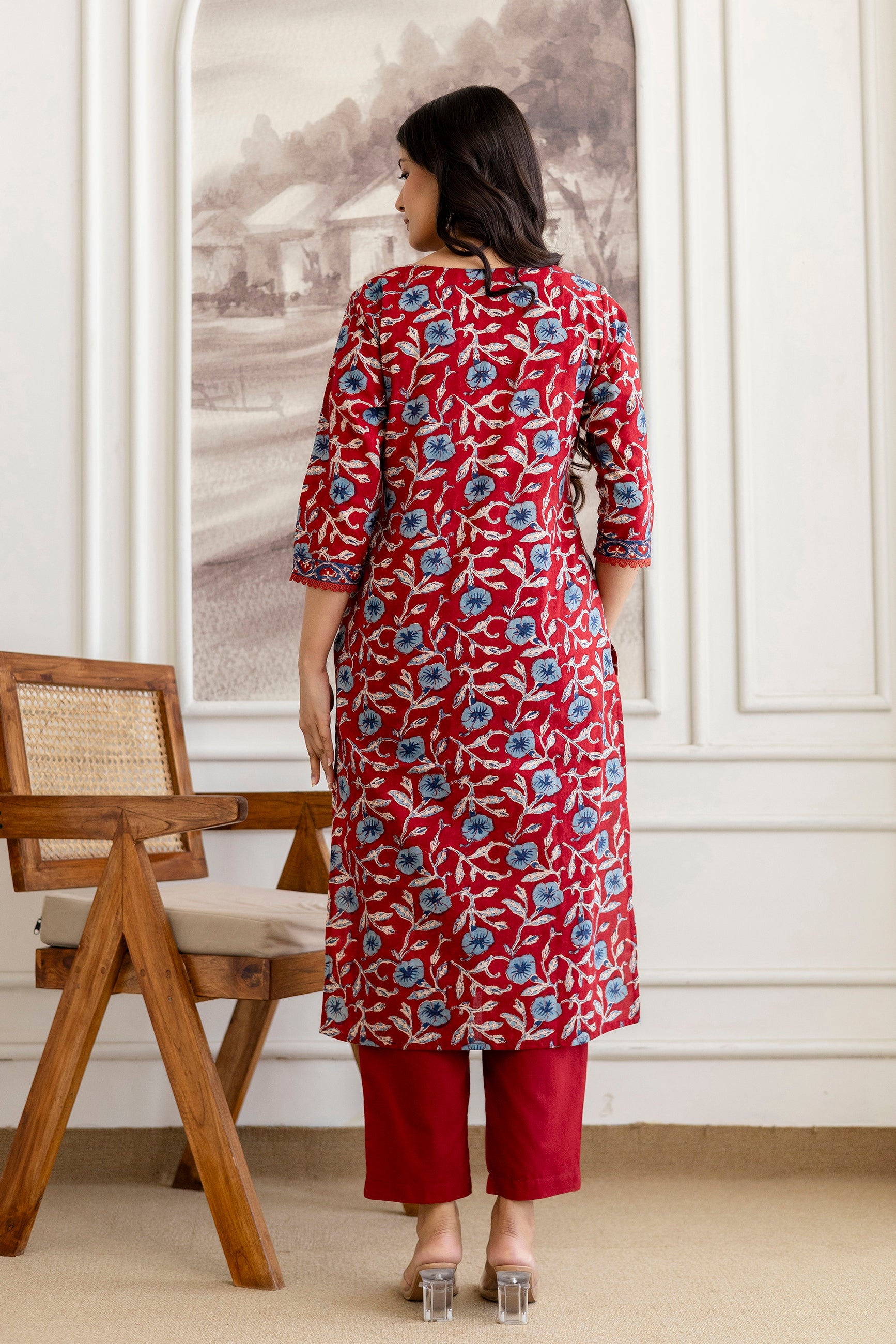 Red & Blue Hand Block Printed Cotton Kurta Set with Dupatta