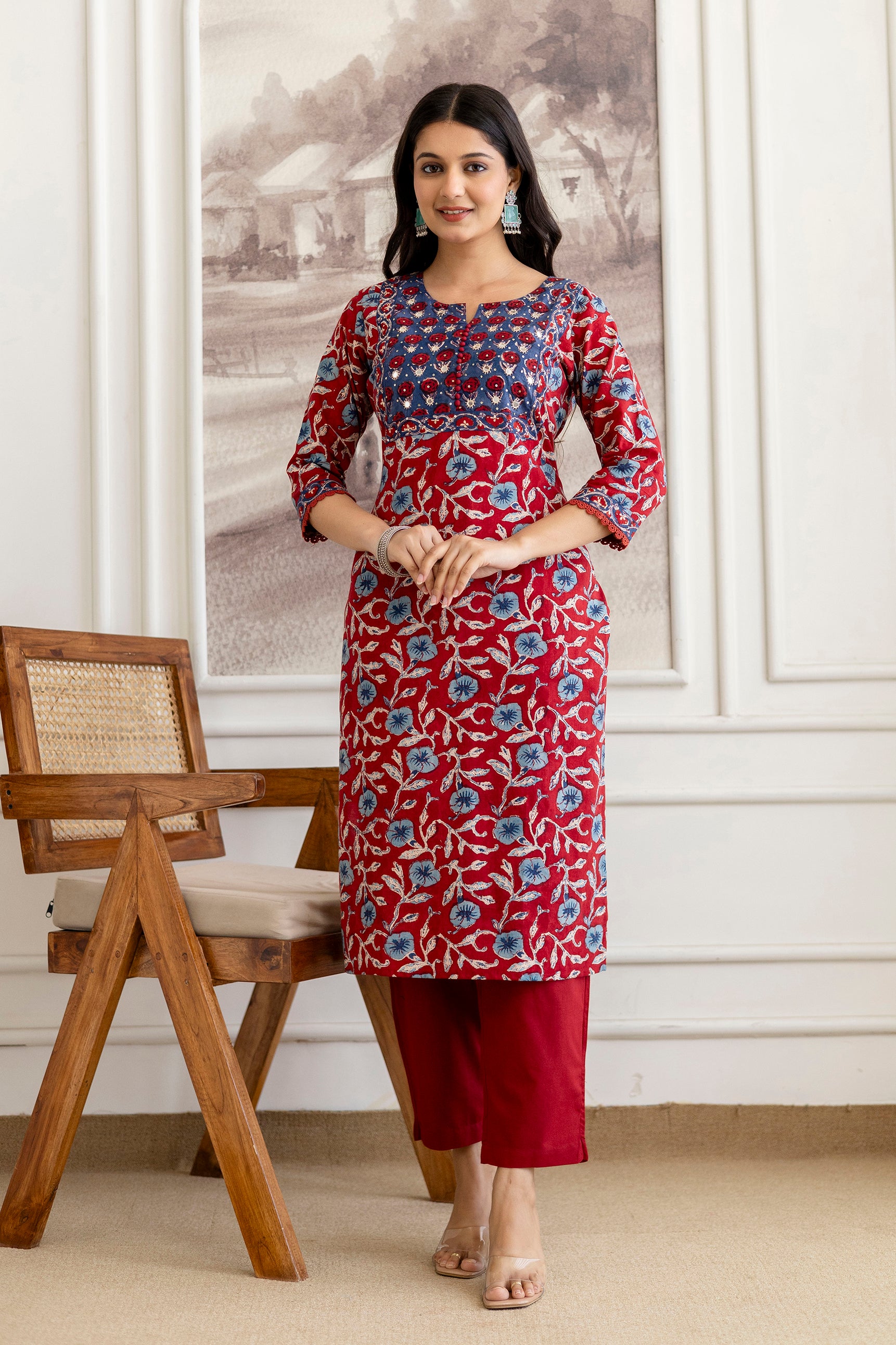 Red & Blue Hand Block Printed Cotton Kurta Set with Dupatta
