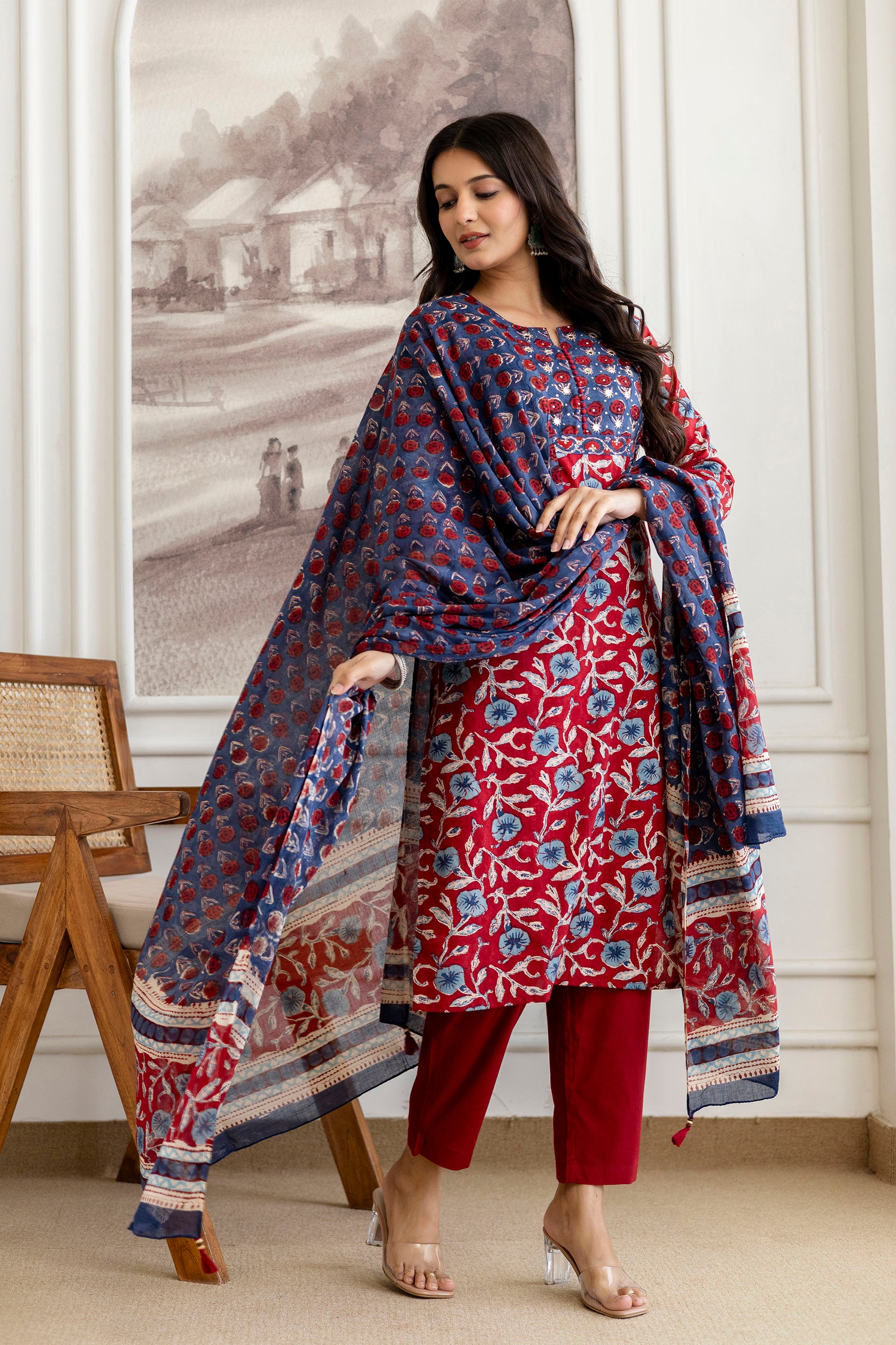 Red & Blue Hand Block Printed Cotton Kurta Set with Dupatta