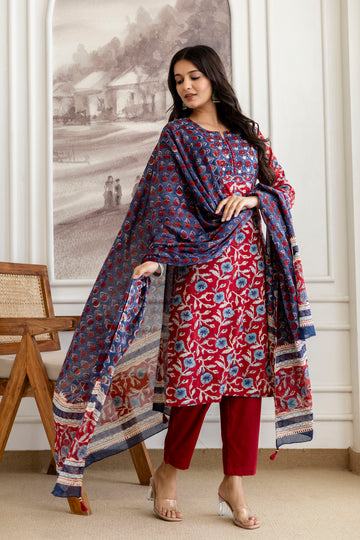 Red & Blue Hand Block Printed Cotton Kurta Set with Dupatta