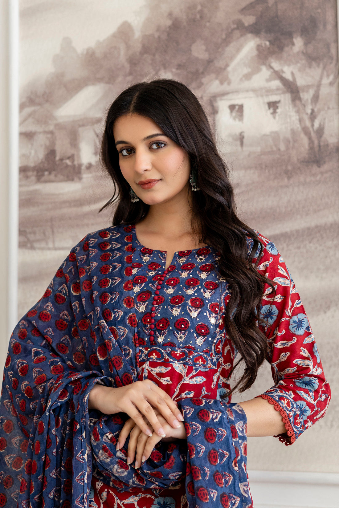 Red & Blue Hand Block Printed Cotton Kurta Set with Dupatta