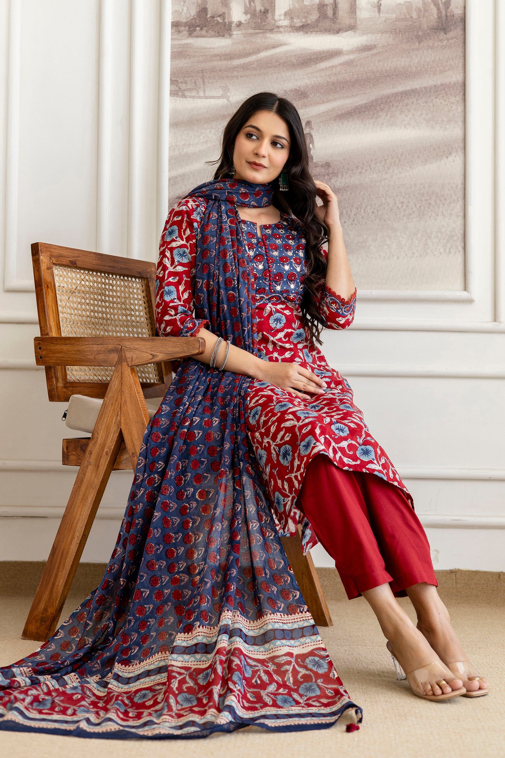 Red & Blue Hand Block Printed Cotton Kurta Set with Dupatta