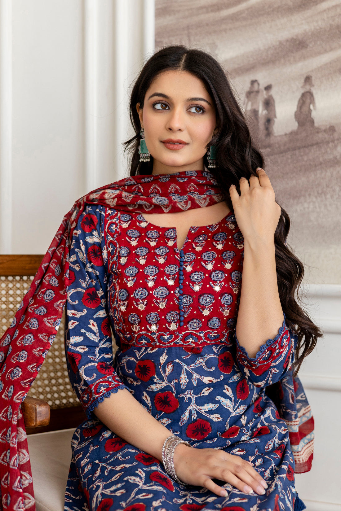 Classic Blue & Red Hand Block Print Cotton Suit Set