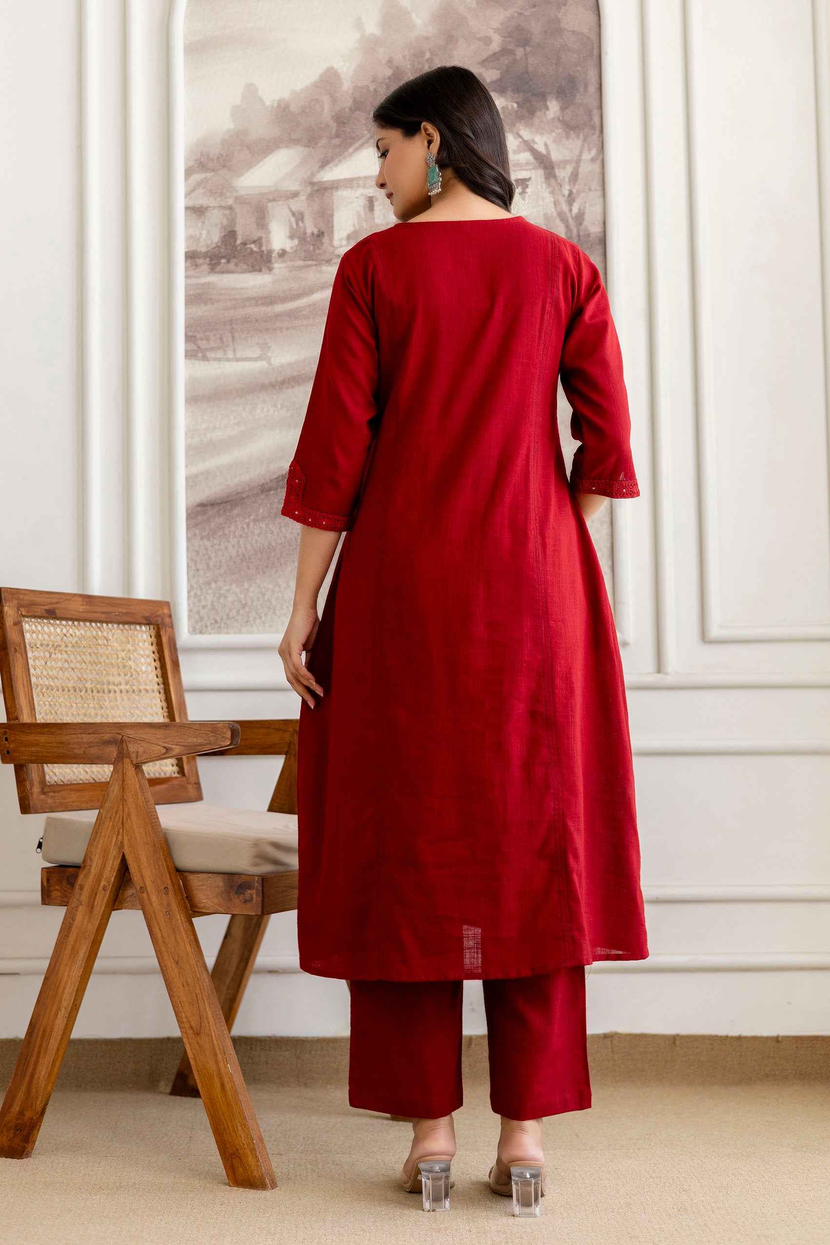 Maroon Cotton Slub Kurta Set with Red Ombre Dupatta