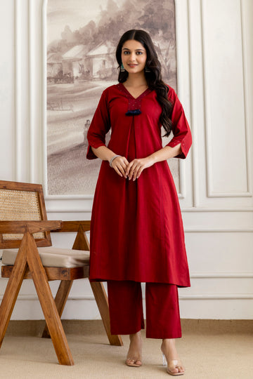 Maroon Cotton Slub Kurta Set with Red Ombre Dupatta