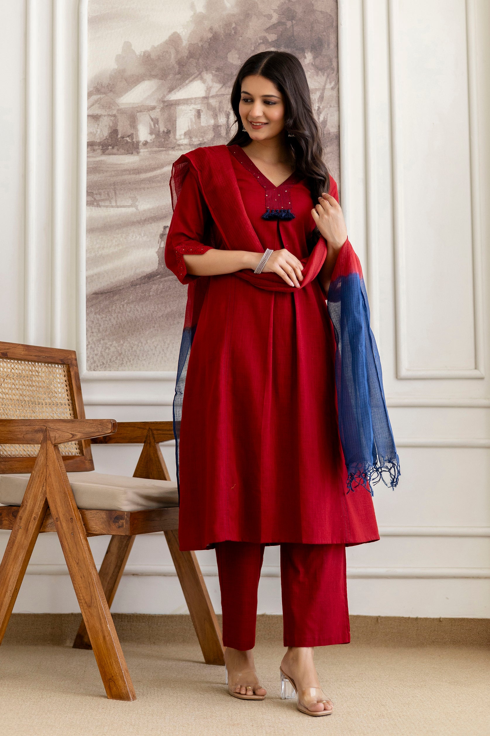 Maroon Cotton Slub Kurta Set with Red Ombre Dupatta