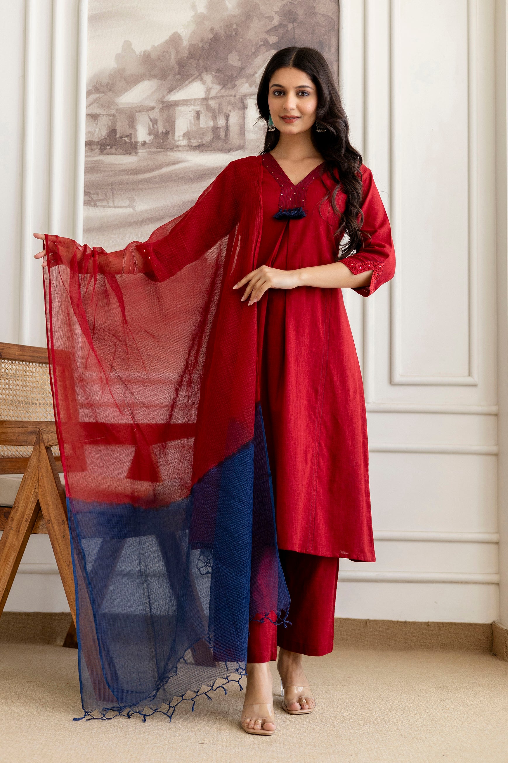 Maroon Cotton Slub Kurta Set with Red Ombre Dupatta