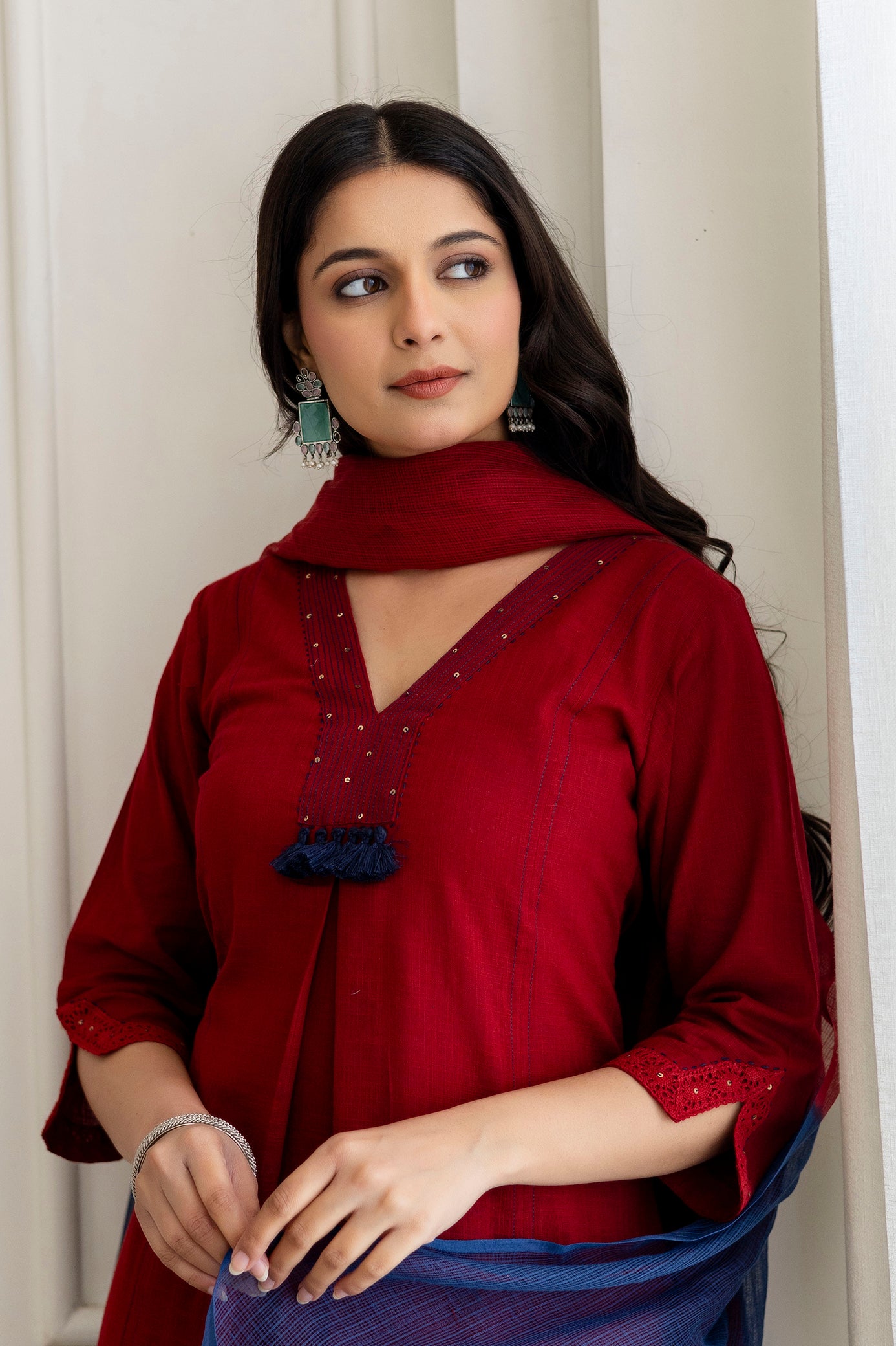 Maroon Cotton Slub Kurta Set with Red Ombre Dupatta