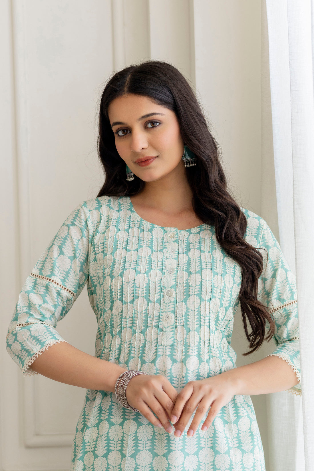 Mint Green Printed Cotton Kurta And Pants Set