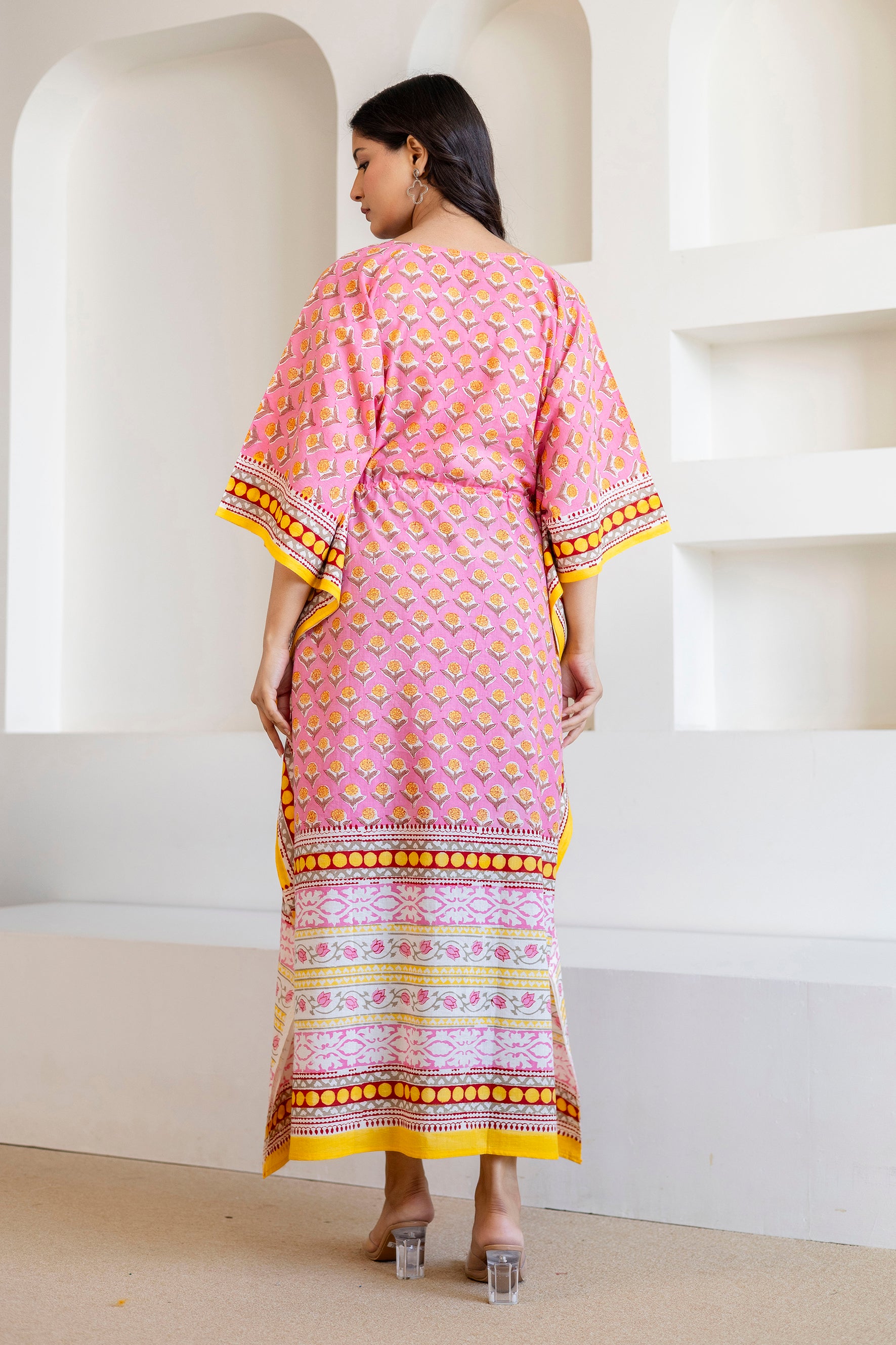 Pink Floral Handblock Cotton Kaftaan Dress