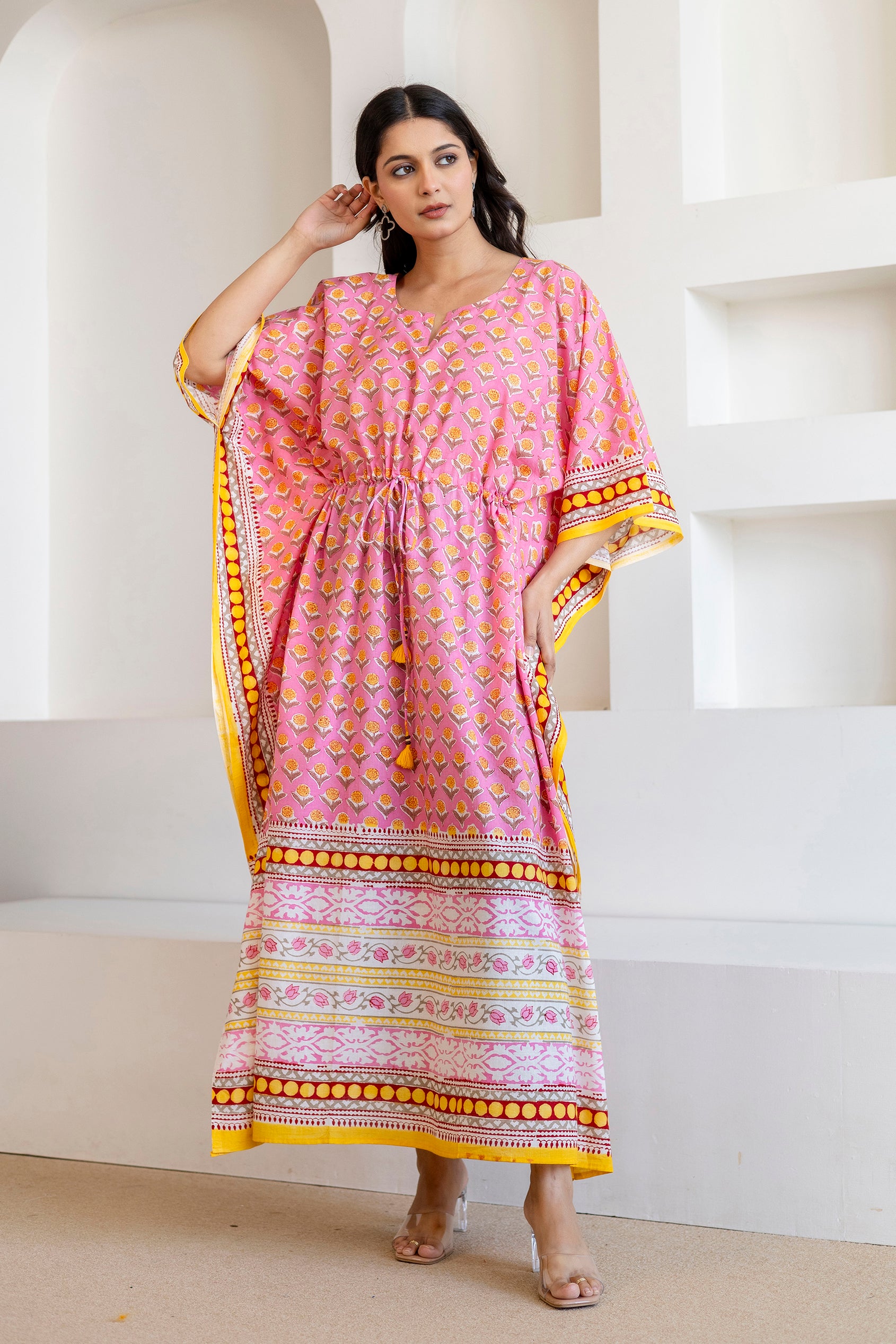 Pink Floral Handblock Cotton Kaftaan Dress