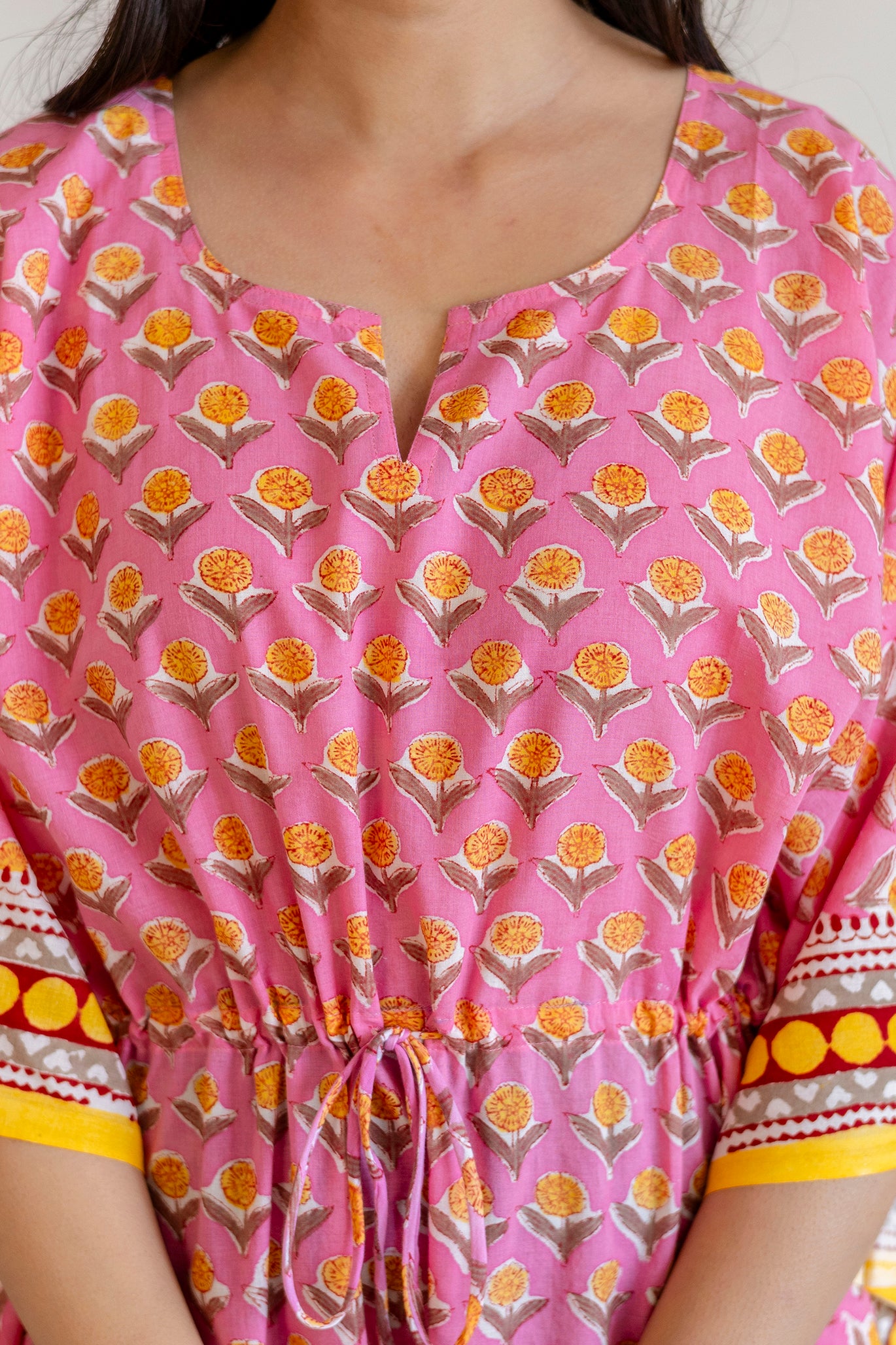Pink Floral Handblock Cotton Kaftaan Dress