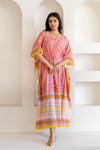 Pink Floral Handblock Cotton Kaftaan Dress