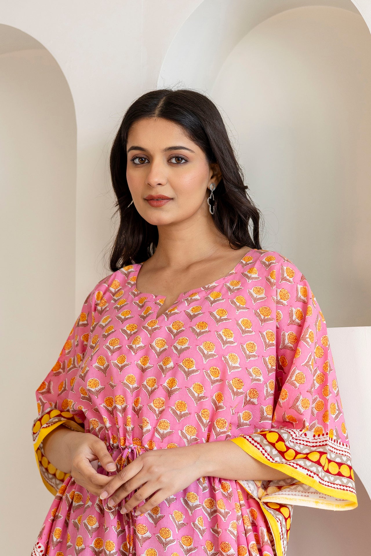 Pink Floral Handblock Cotton Kaftaan Dress