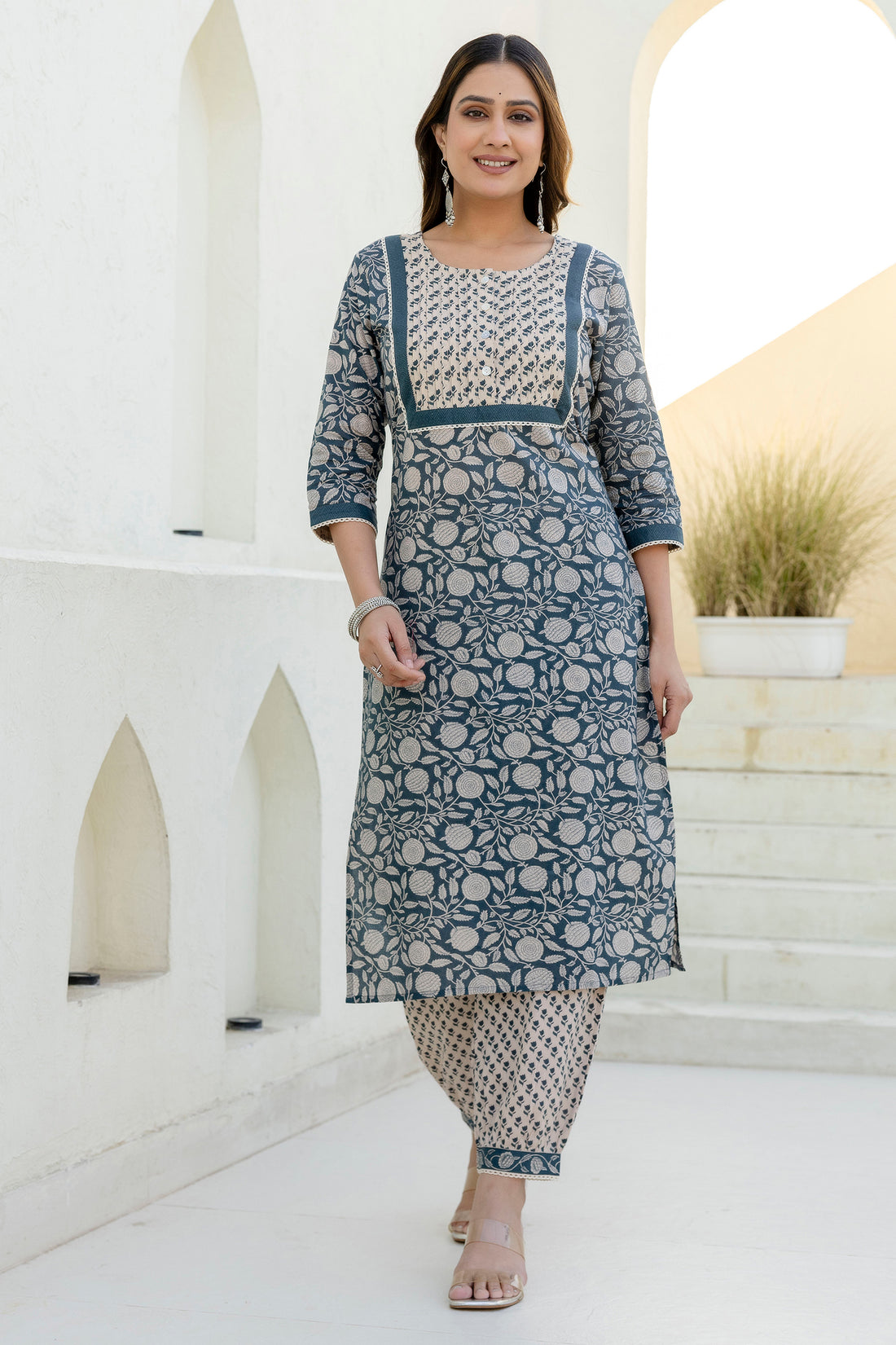 Indigo Printed Cotton Kurta Set with Dupatta