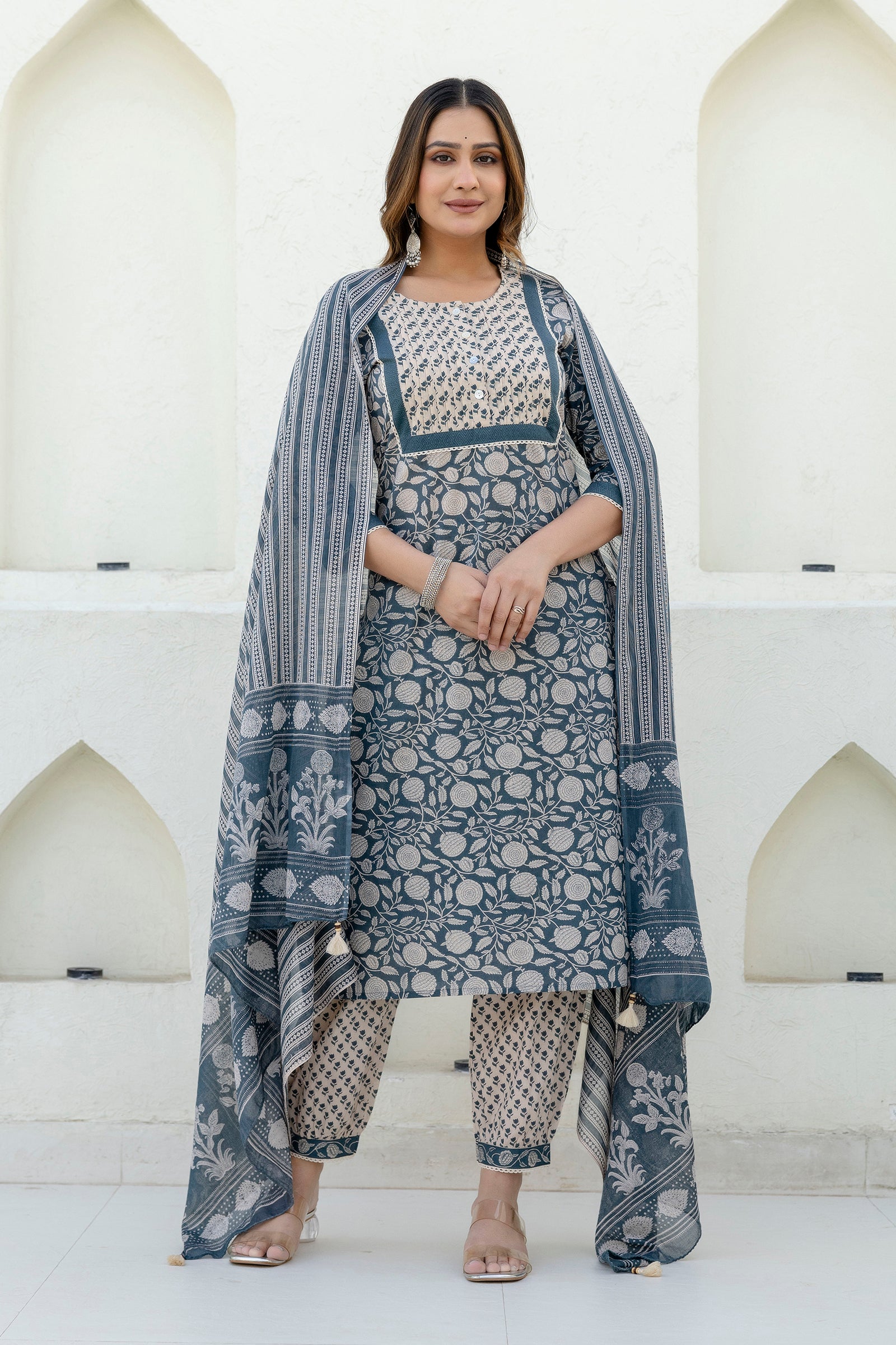 Indigo Printed Cotton Kurta Set with Dupatta