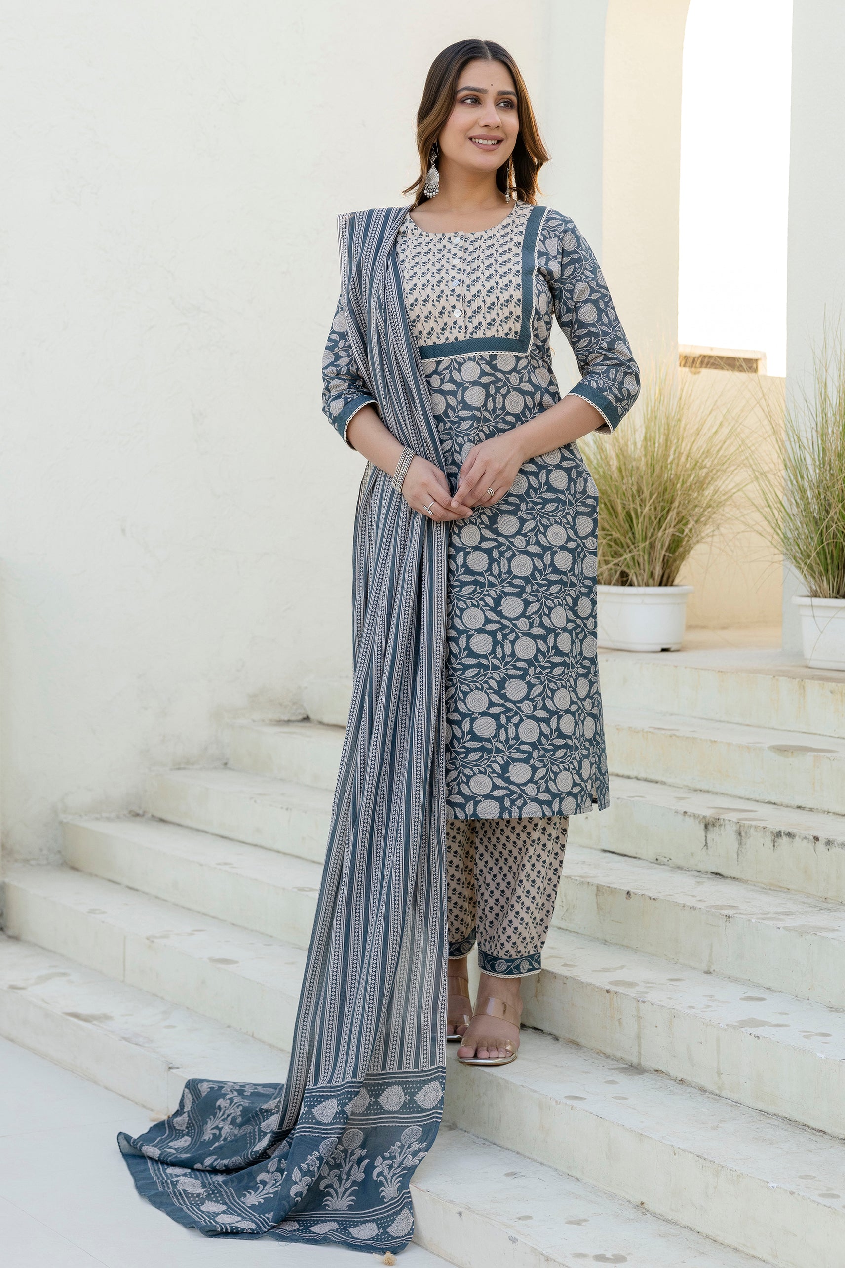 Indigo Printed Cotton Kurta Set with Dupatta