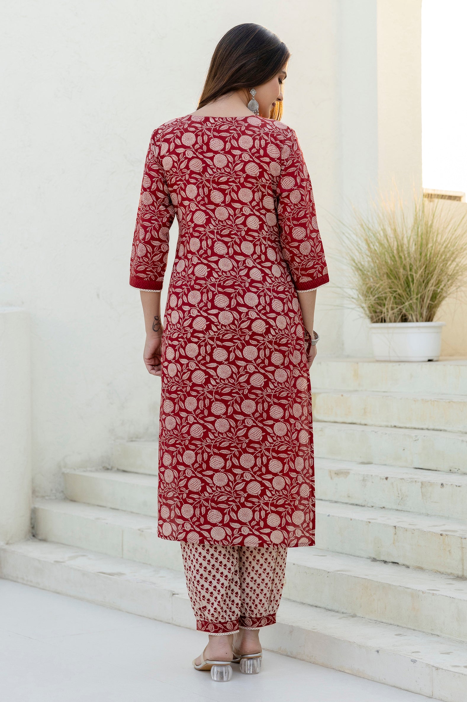 Maroon Printed Cotton Kurta Set with Dupatta