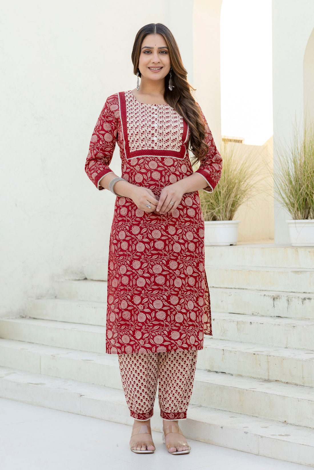 Maroon Printed Cotton Kurta Set with Dupatta