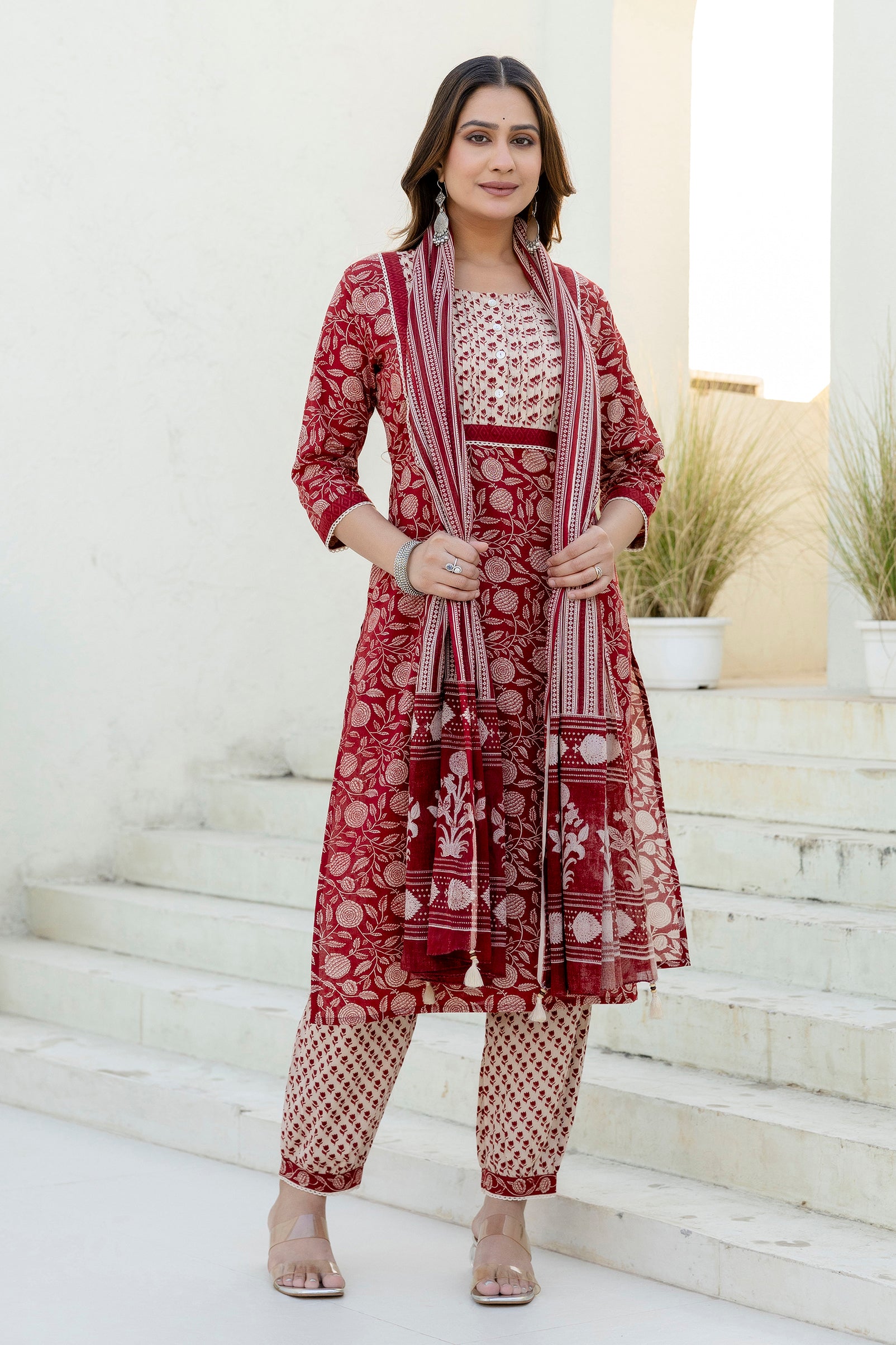 Maroon Printed Cotton Kurta Set with Dupatta