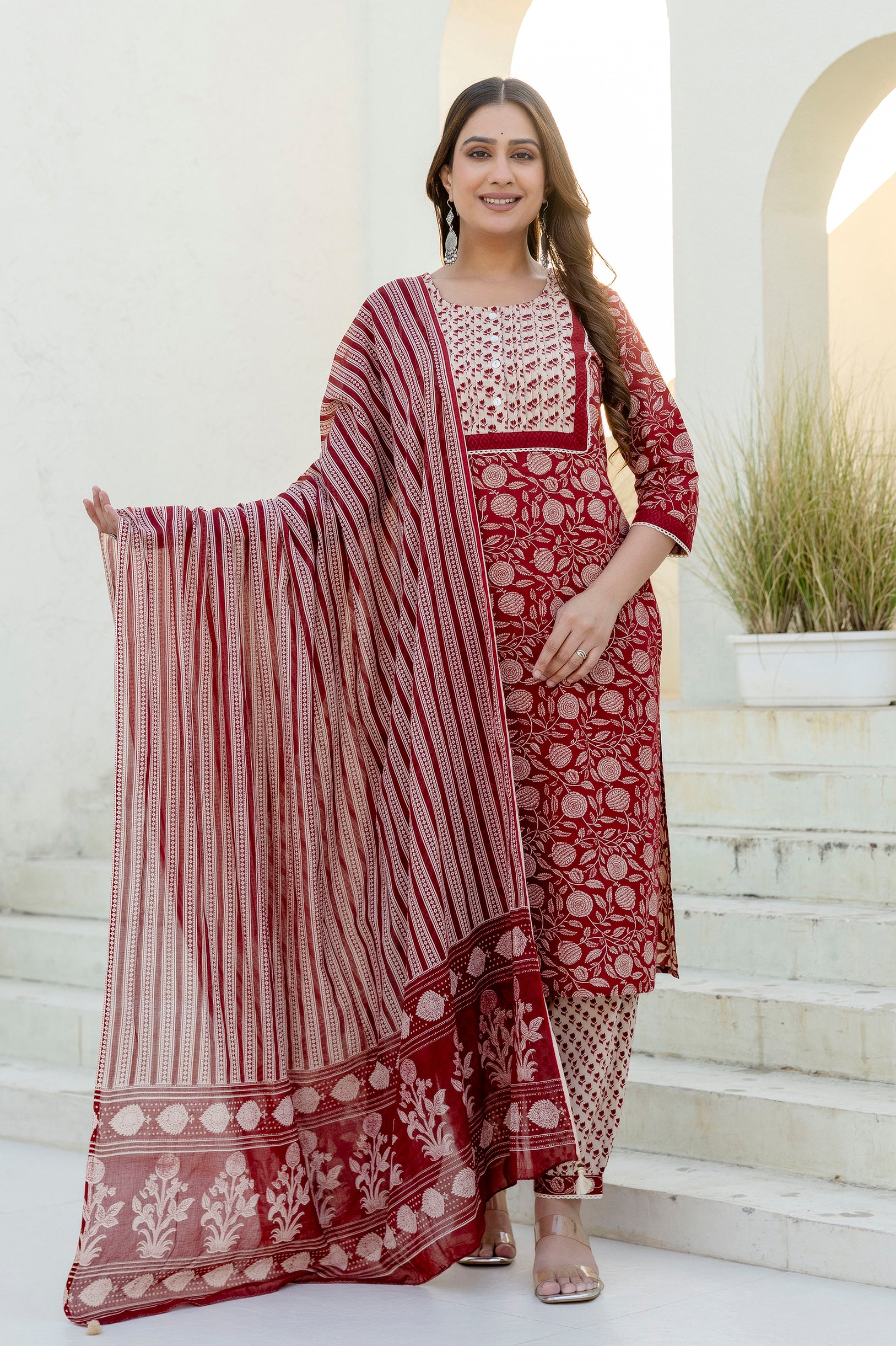 Maroon Printed Cotton Kurta Set with Dupatta
