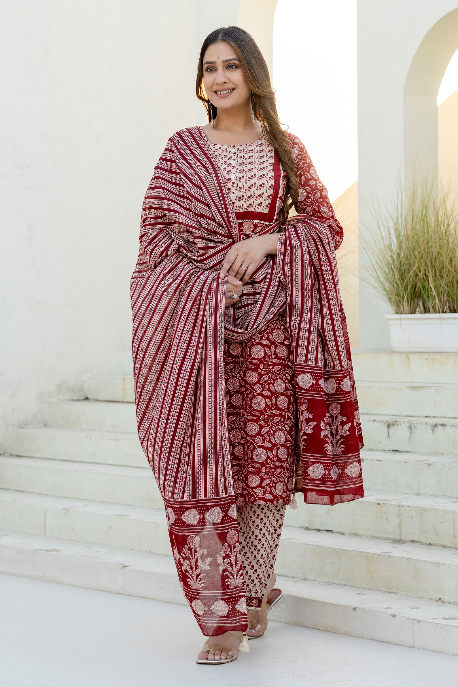Maroon Printed Cotton Kurta Set with Dupatta