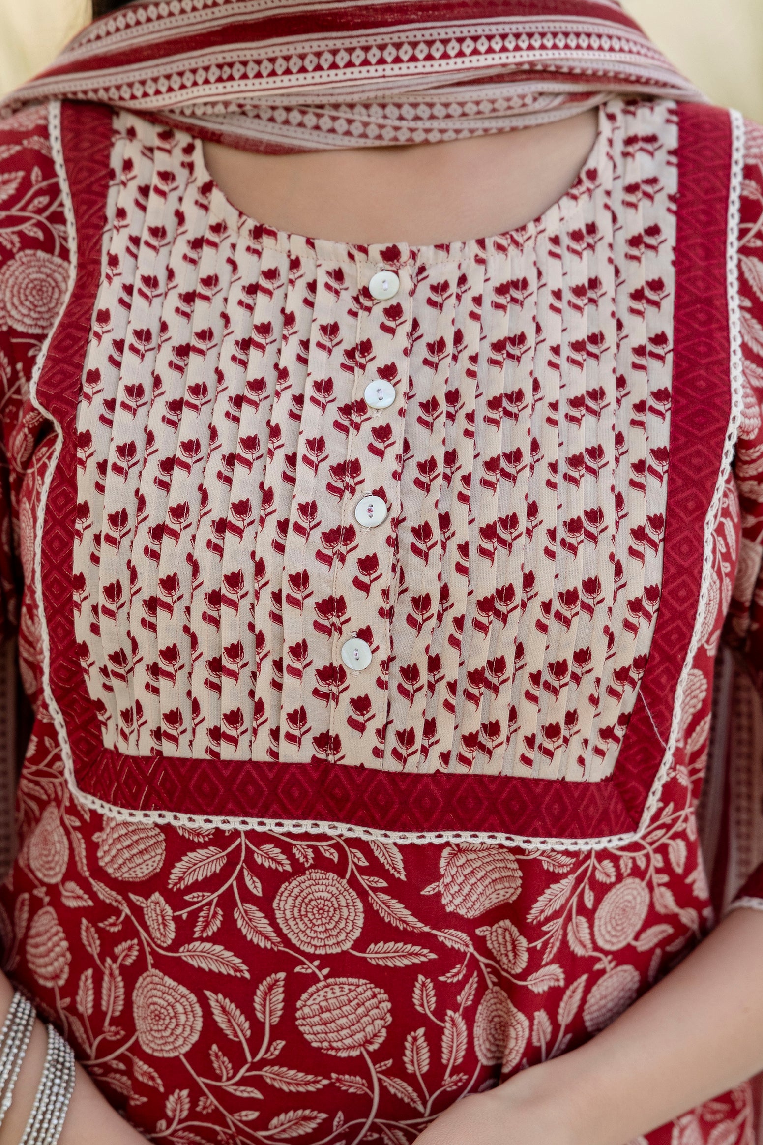 Maroon Printed Cotton Kurta Set with Dupatta