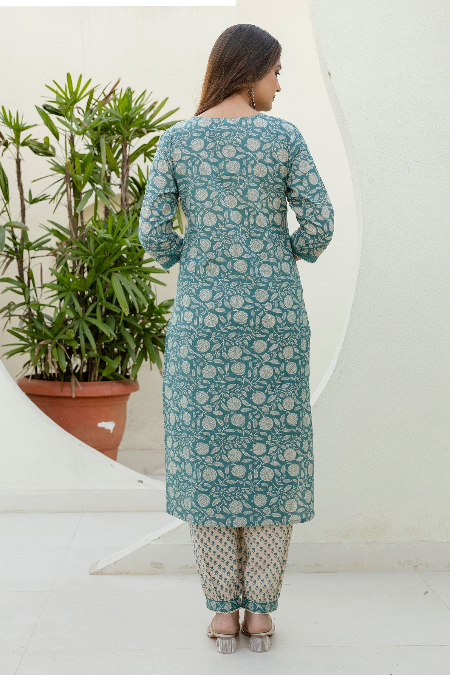 Teal Green Printed Cotton Kurta Set with Dupatta