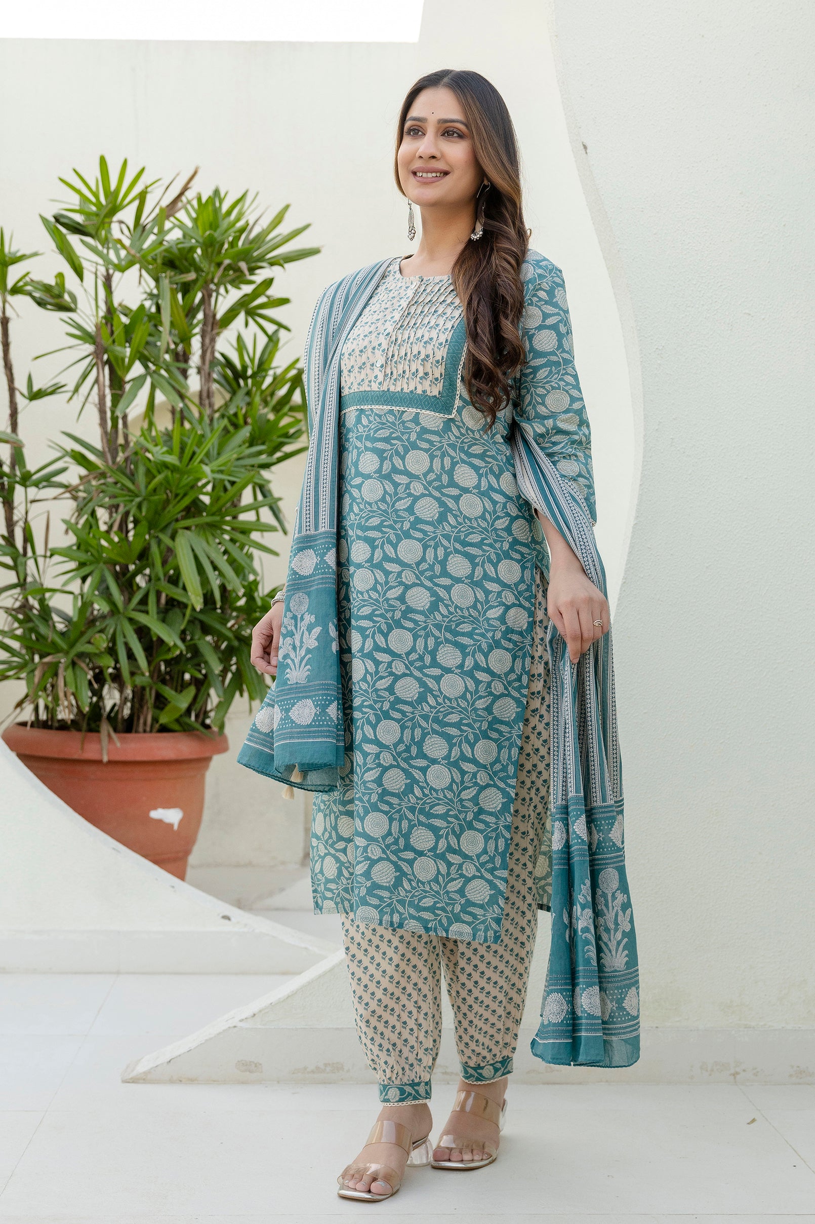 Teal Green Printed Cotton Kurta Set with Dupatta