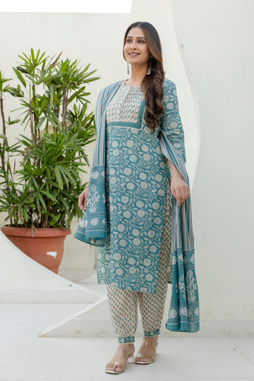 Teal Green Printed Cotton Kurta Set with Dupatta