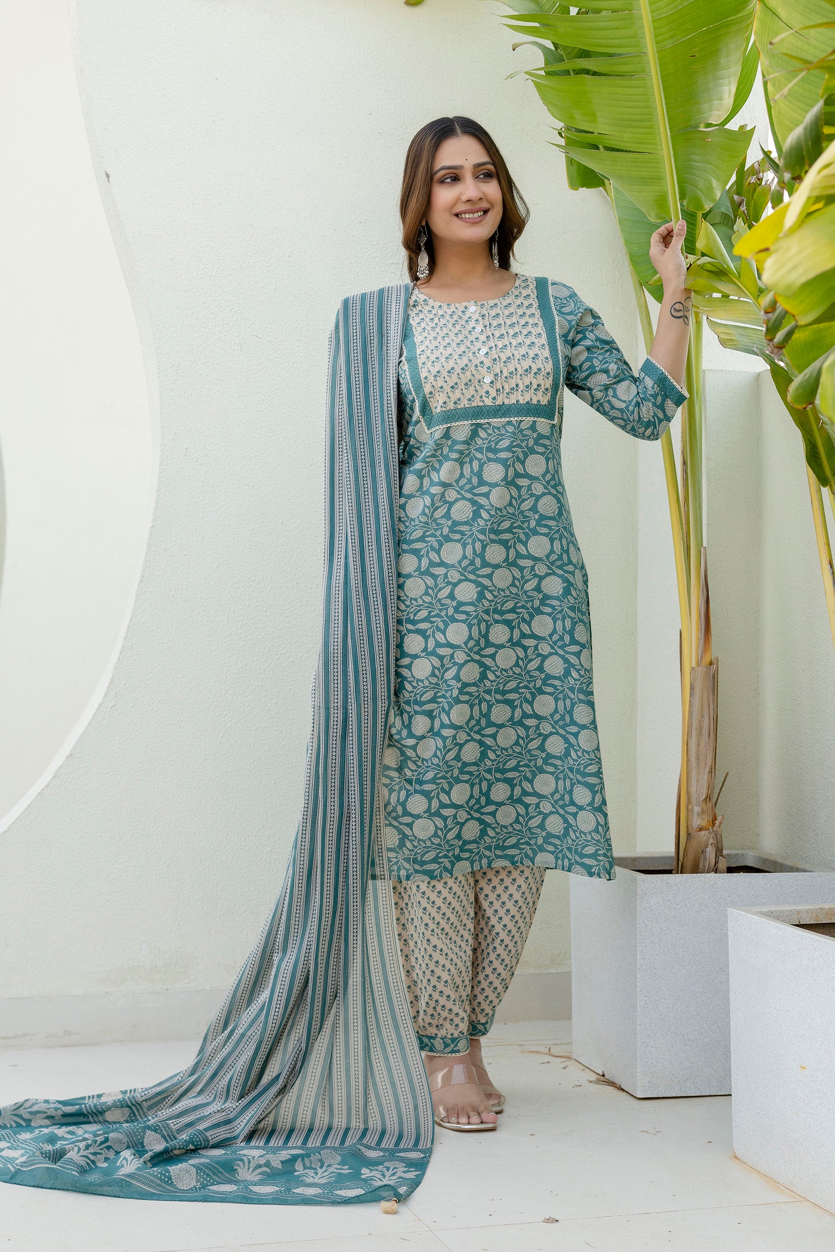 Teal Green Printed Cotton Kurta Set with Dupatta