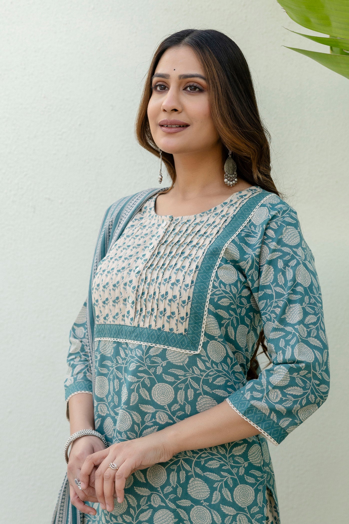 Teal Green Printed Cotton Kurta Set with Dupatta