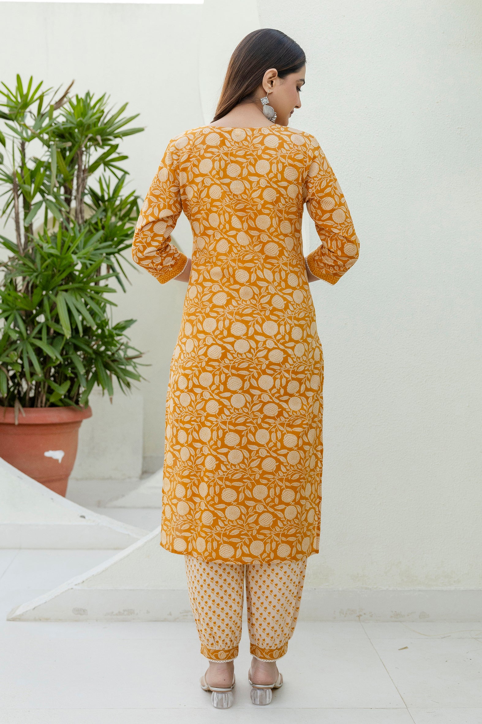 Mustard Printed Cotton Kurta Set with Dupatta