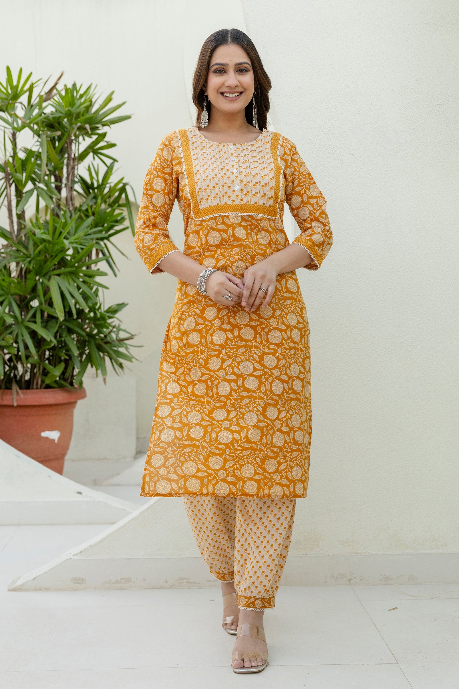 Mustard Printed Cotton Kurta Set with Dupatta