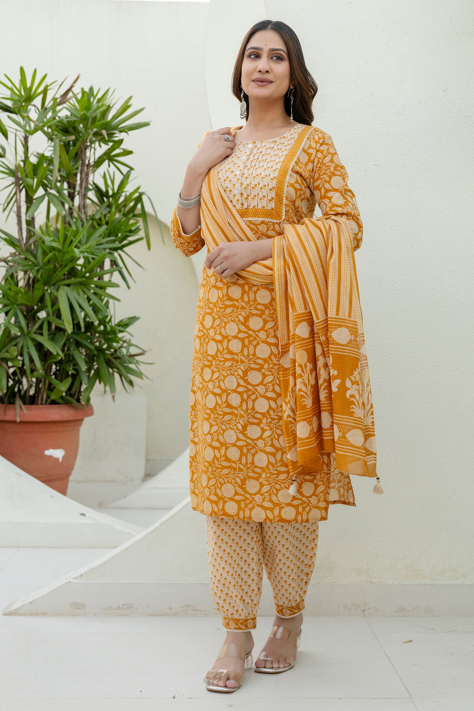 Mustard Printed Cotton Kurta Set with Dupatta