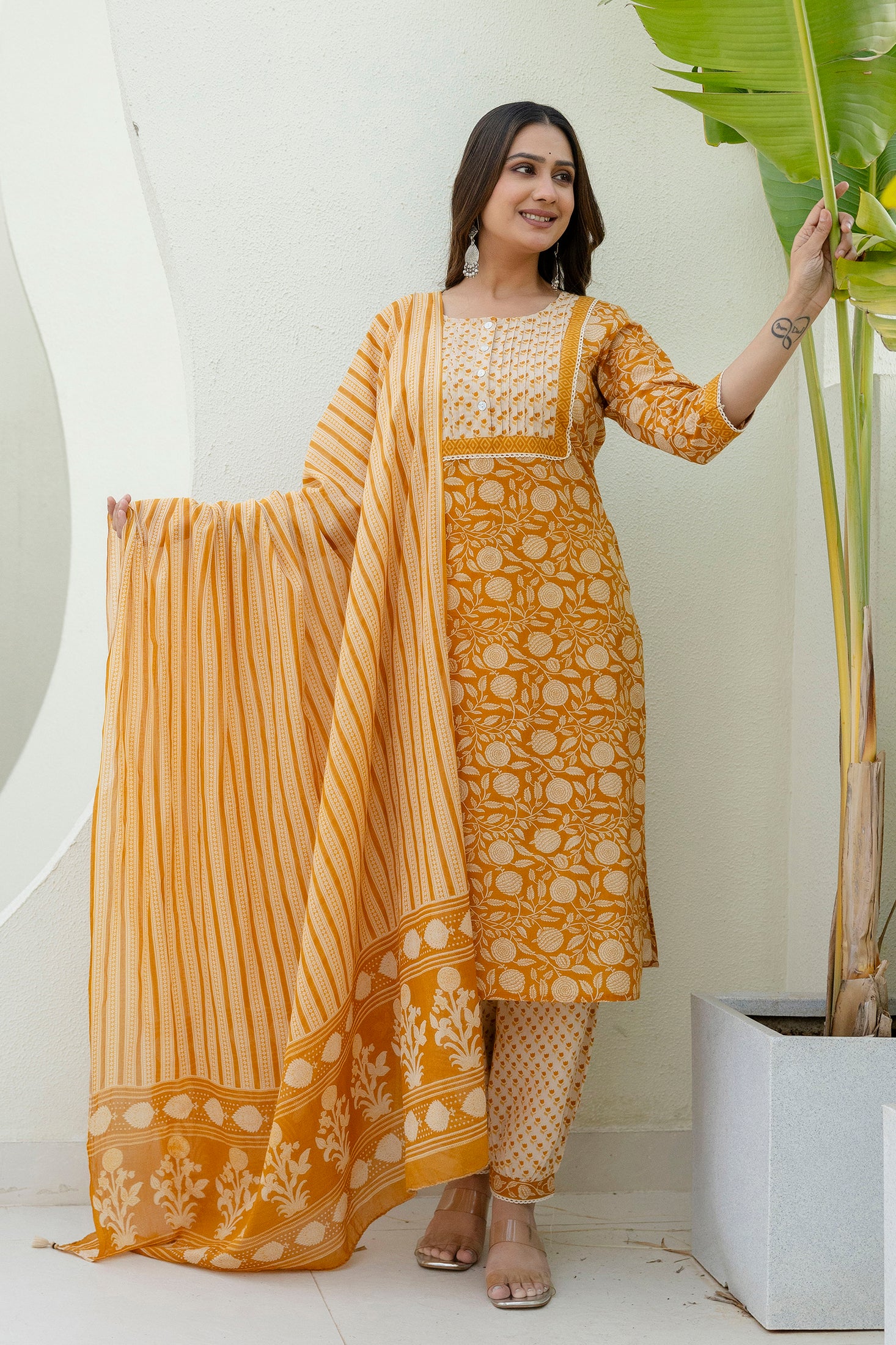 Mustard Printed Cotton Kurta Set with Dupatta