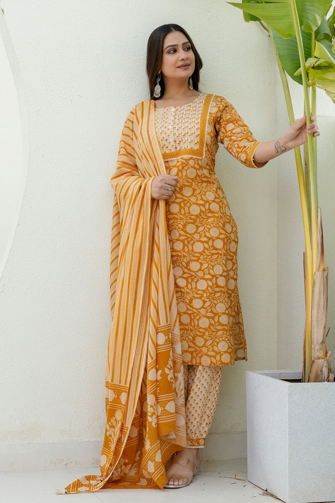 Mustard Printed Cotton Kurta Set with Dupatta