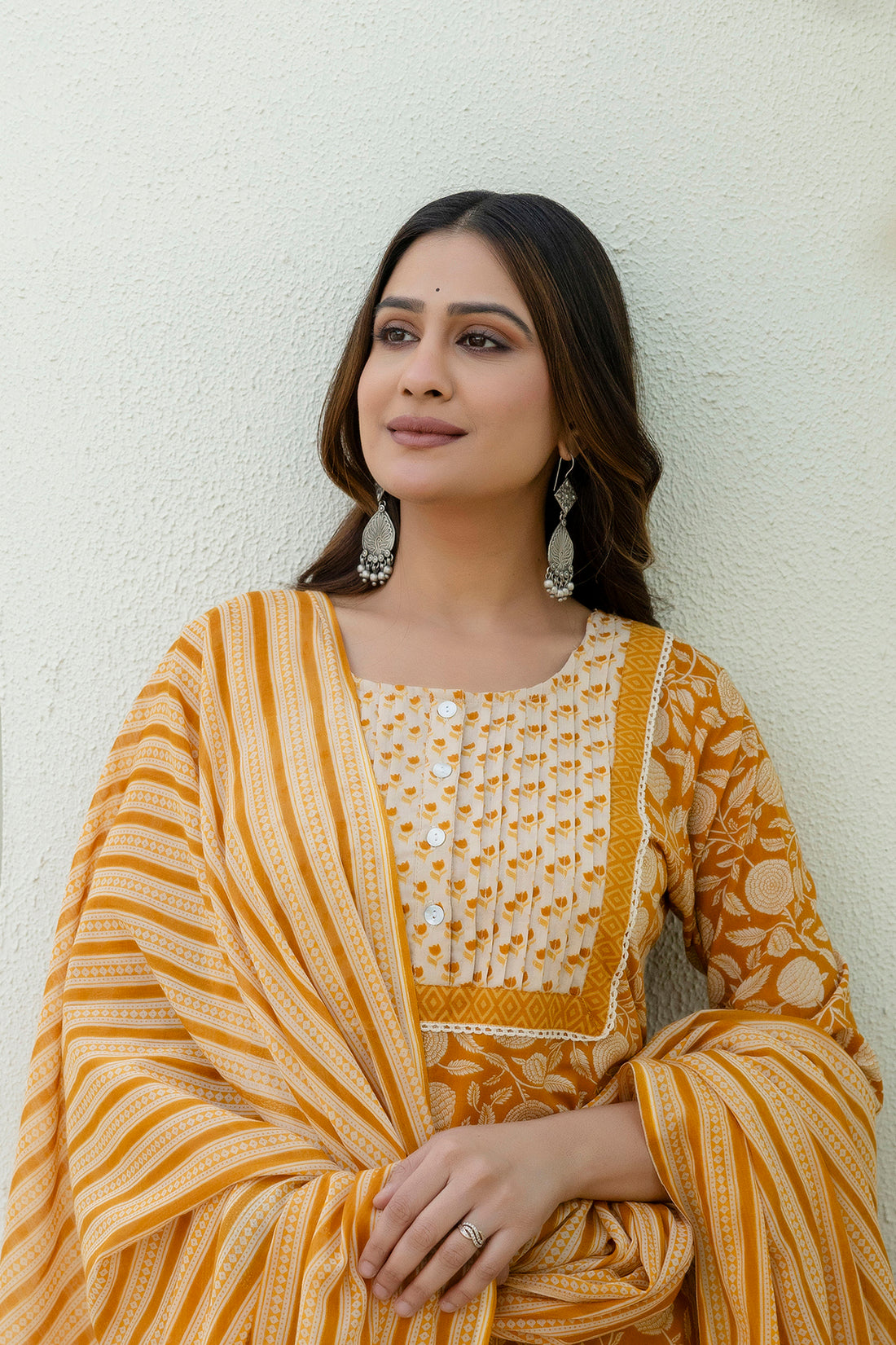 Mustard Printed Cotton Kurta Set with Dupatta