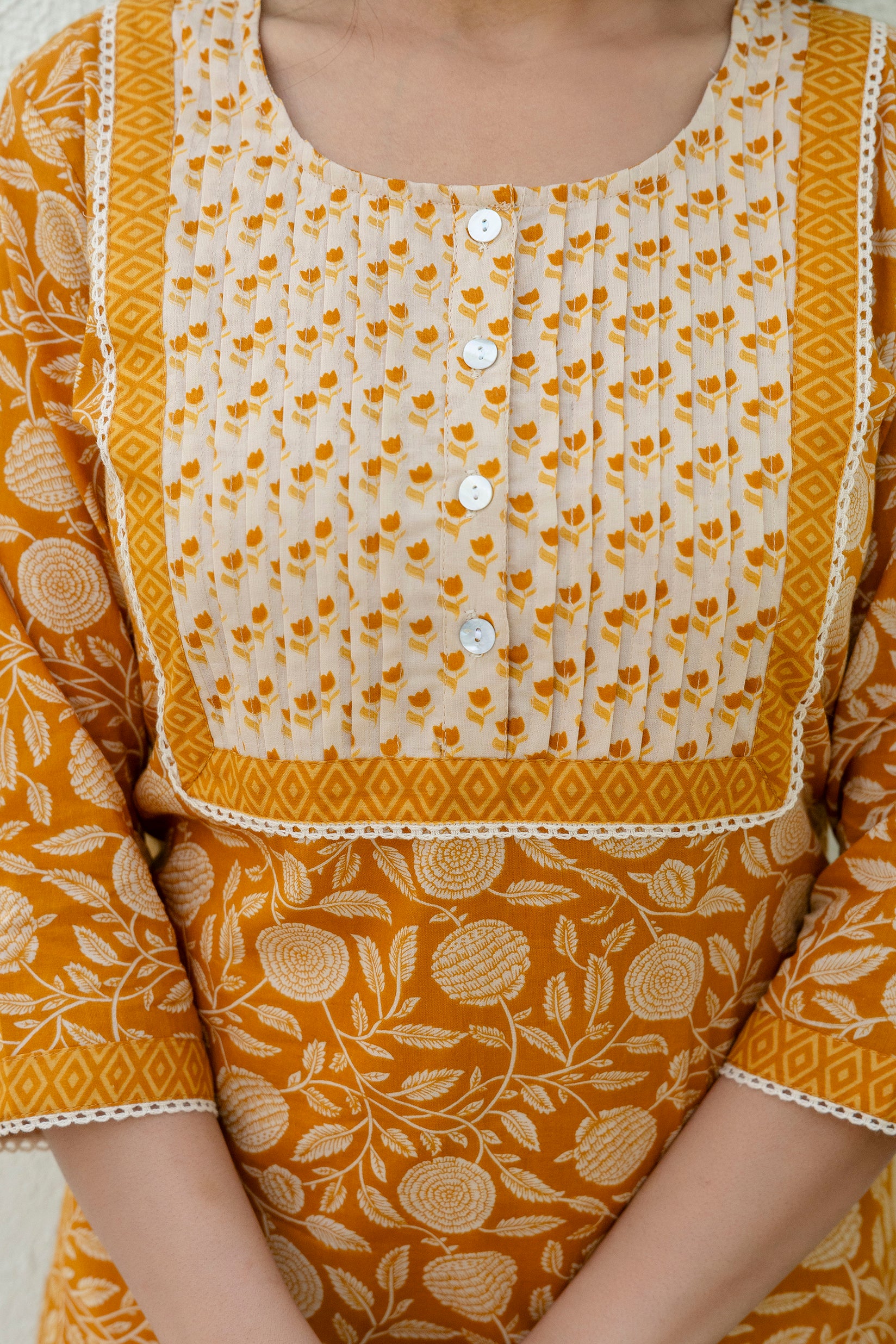 Mustard Printed Cotton Kurta Set with Dupatta