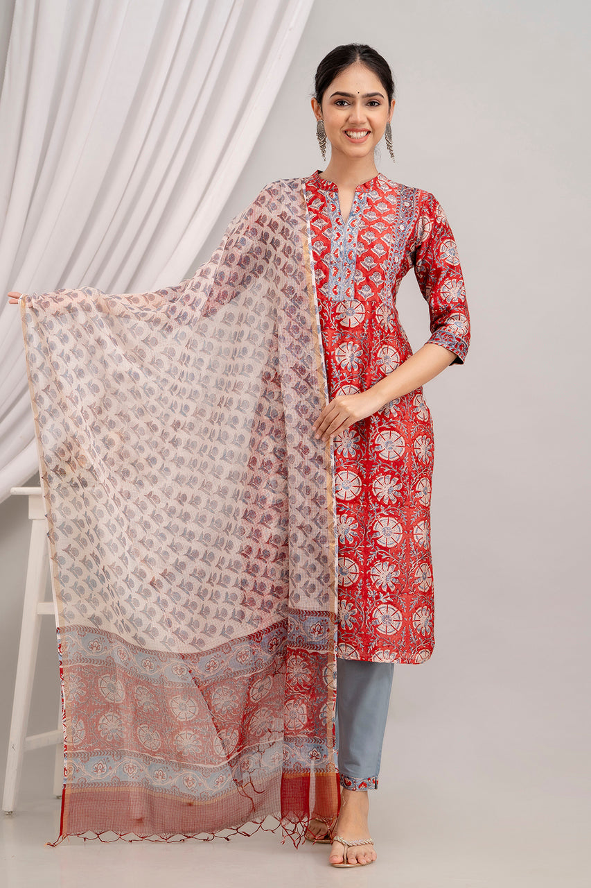 Chanderi Silk Suit Set with Kota Dupatta