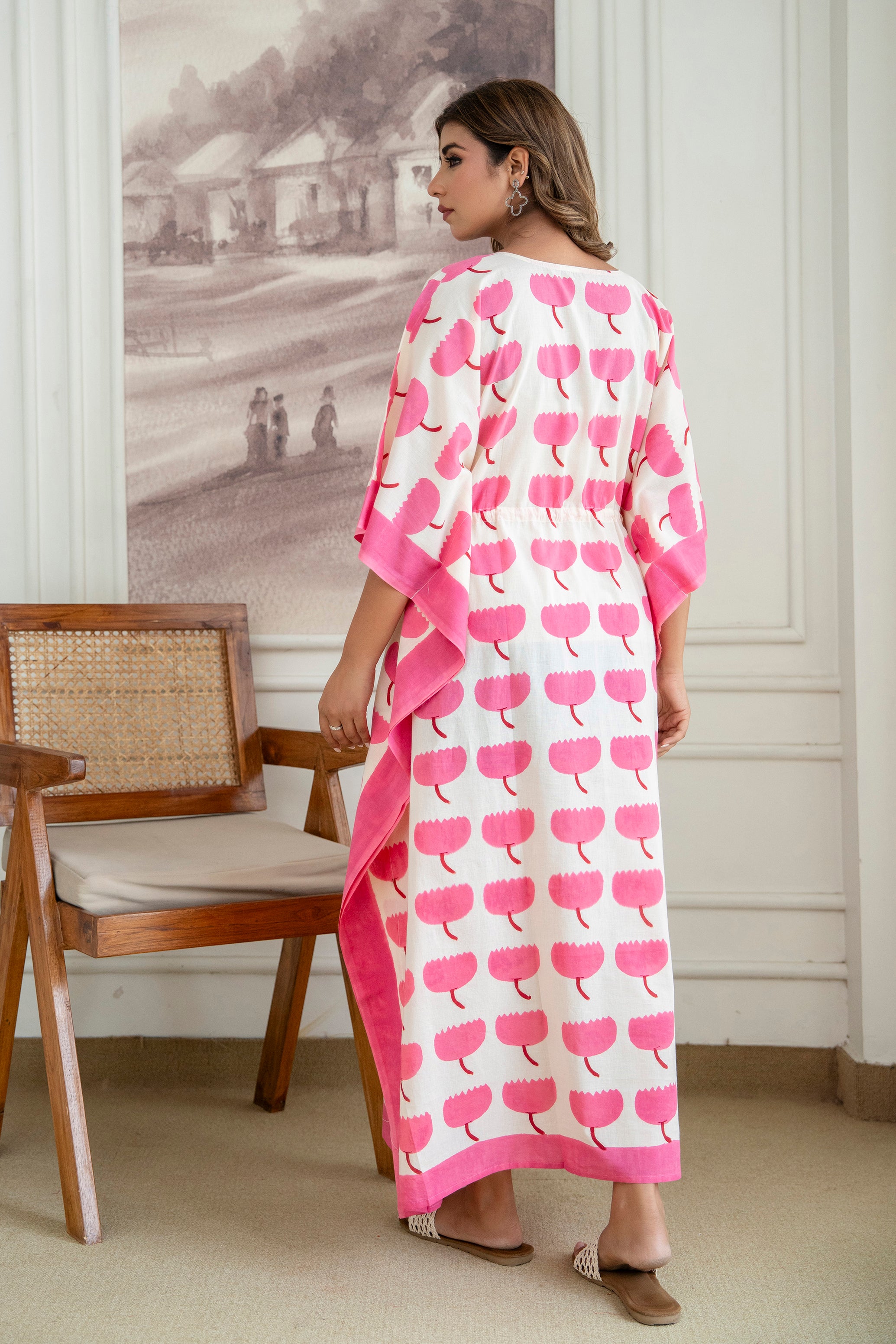 Pink Bloom Hand Block Printed Cotton Kaftan