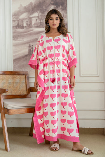 Pink Bloom Hand Block Printed Cotton Kaftan