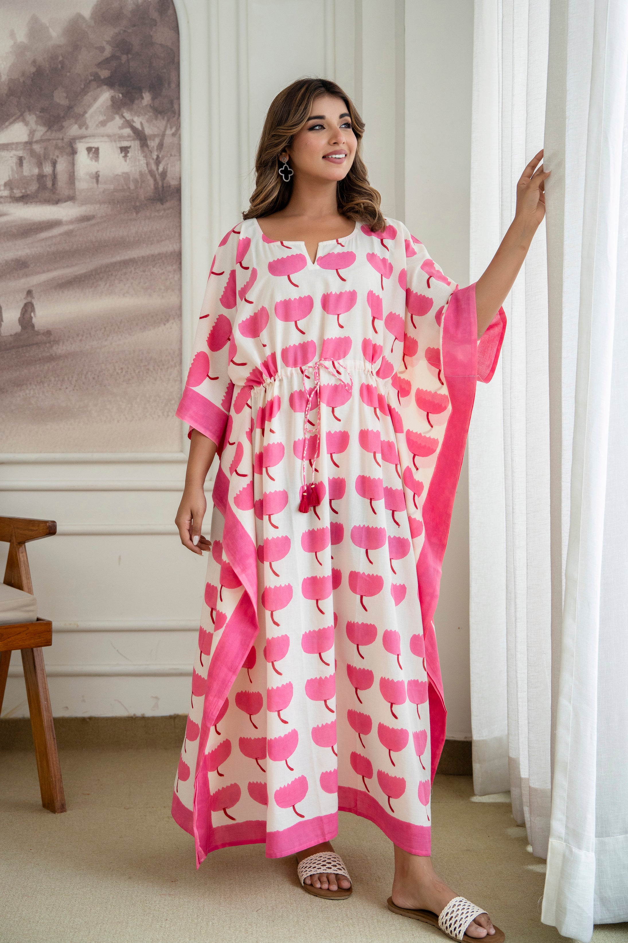 Pink Bloom Hand Block Printed Cotton Kaftan