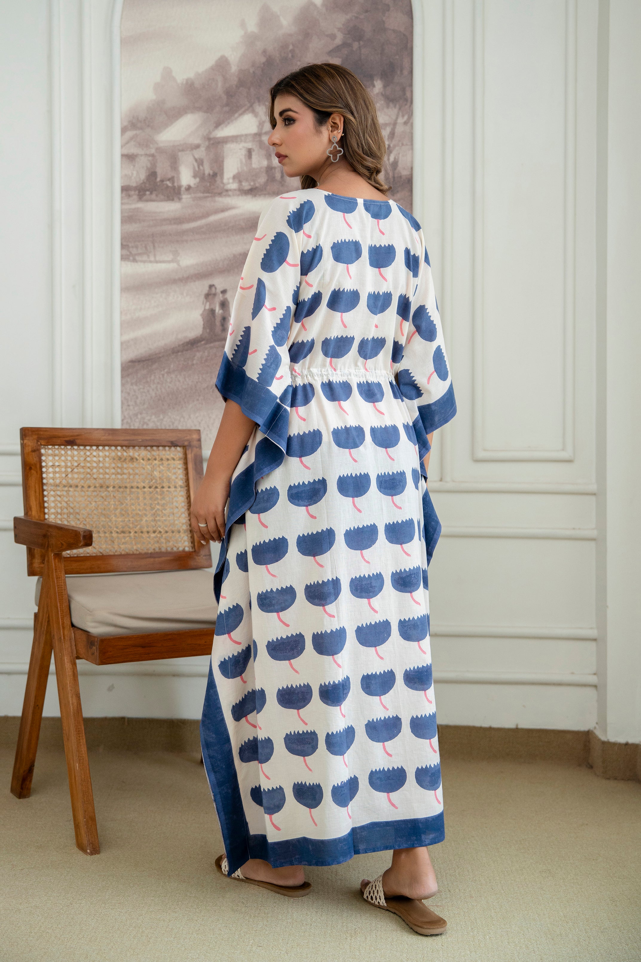 Blue Bloom Hand Block Printed Cotton Kaftan