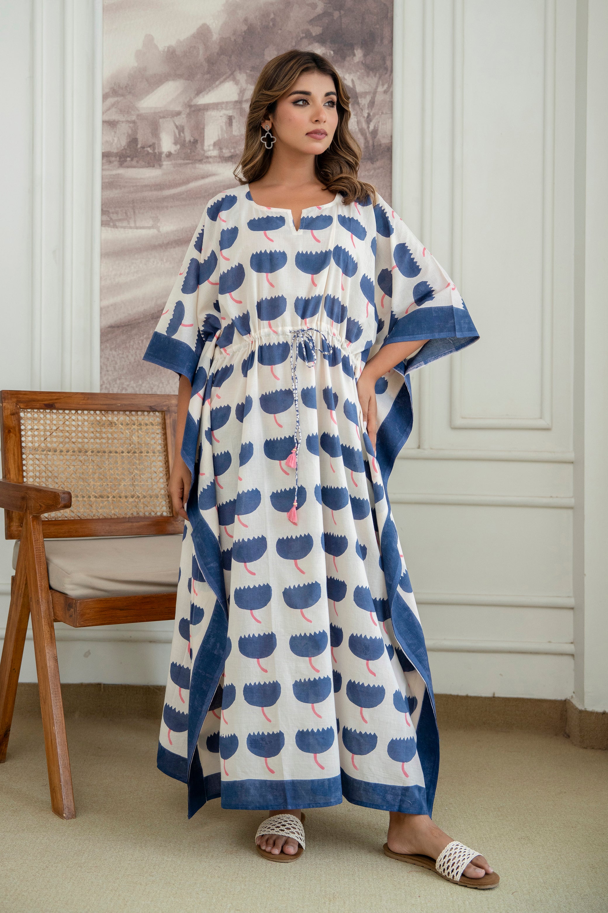 Blue Bloom Hand Block Printed Cotton Kaftan