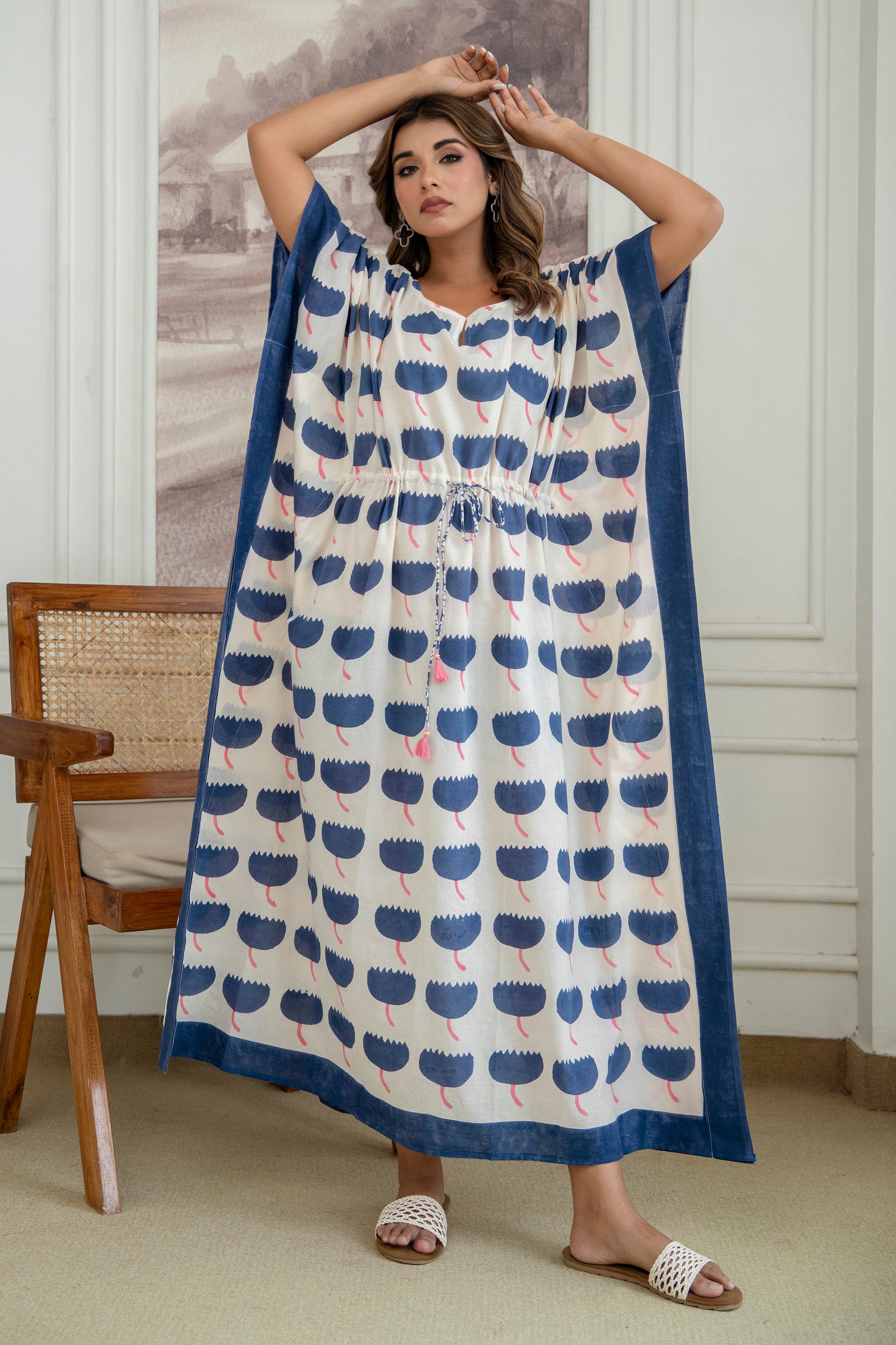 Blue Bloom Hand Block Printed Cotton Kaftan