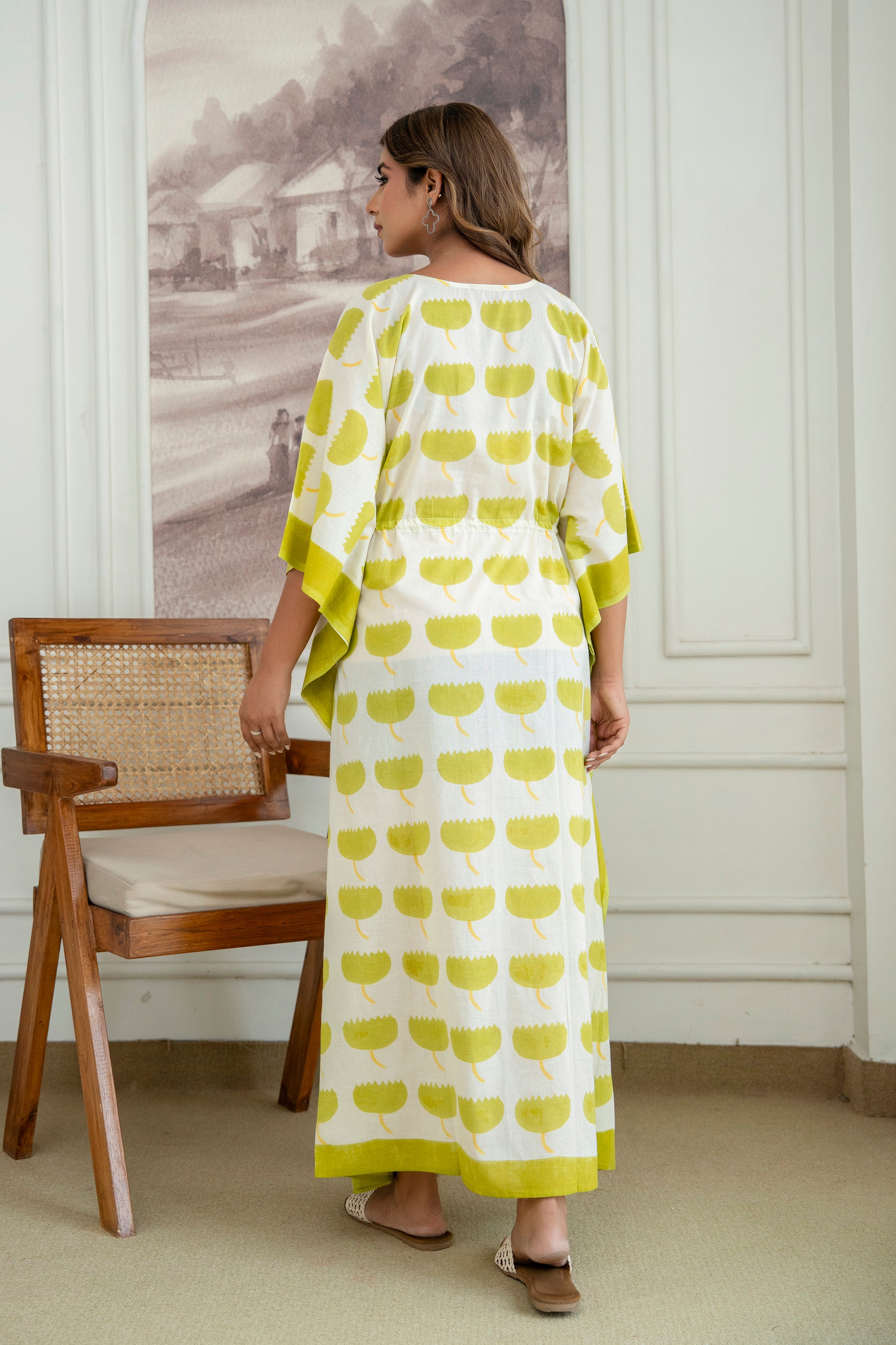 Lime Bloom Hand Block Printed Cotton Kaftan