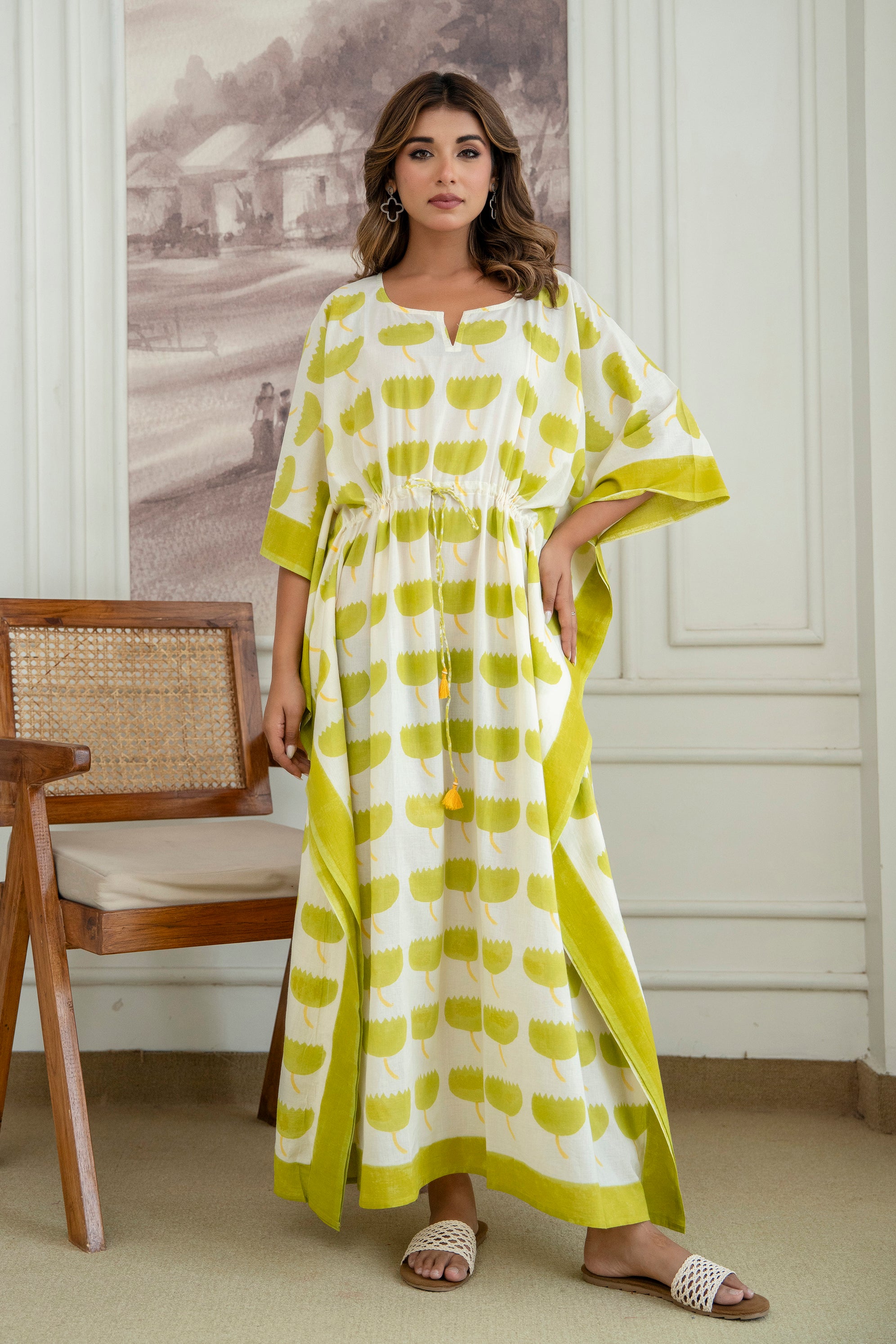 Lime Bloom Hand Block Printed Cotton Kaftan