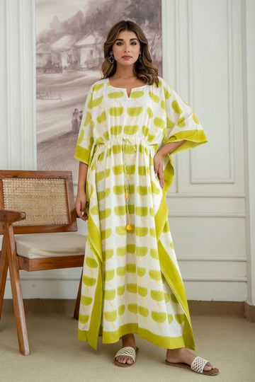 Lime Bloom Hand Block Printed Cotton Kaftan